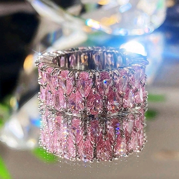 Silver Pear Waterdrop Cut Romantic Pink Cubic Zirconia Ring Sz 8 - Picture 5 of 5